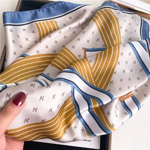 Elegant 70x70cm square silk scarf with geometric N pattern and navy blue border
