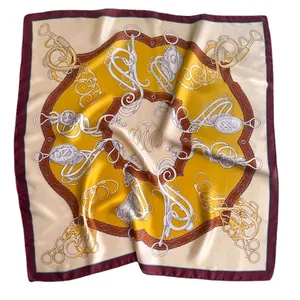 Burgundy and cream silk square scarf with yellow equestrian pattern and equestrian motifs