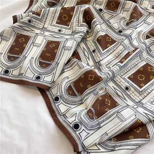 Detail of silk square scarf featuring vintage architecture patterns and rolled edges