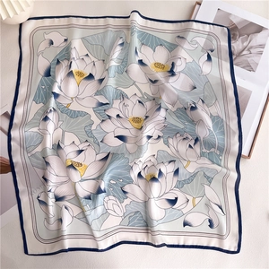 Elegant 70cm square silk scarf with lotus print and navy blue borders on beige background