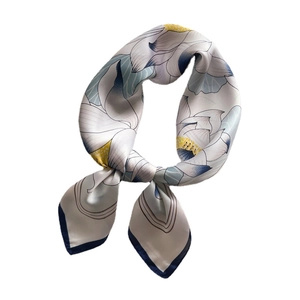 Elegant 70cm square lotus print silk scarf with cream base and blue border details