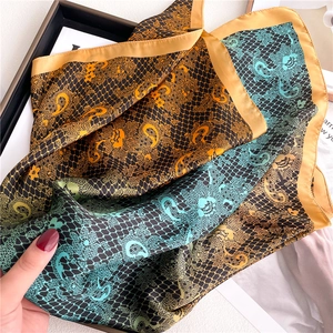Elegant 70cm lace pattern silk square scarf with colorful paisley gradient design