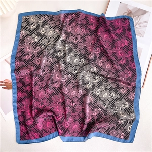 Elegant paisley lace silk square scarf with pink and gold patterns on white background