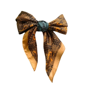 Elegant 70cm square silk scarf with yellow lace pattern and blue contrast knot detail