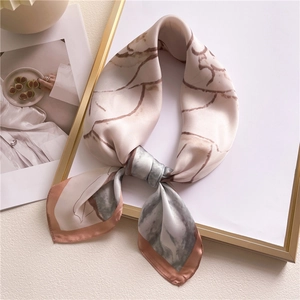 Elegant silk-like square scarf with camellia marble pattern and coral brown border