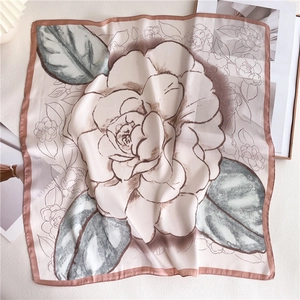 Elegant Camellia Print Satin Square Scarf For Women Vintage Silk Like Head Scarf Neck Scarf Fashion Accessory
