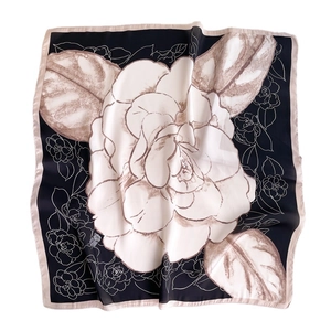 Elegant 70cm square silk scarf with a pink camellia floral pattern on black background