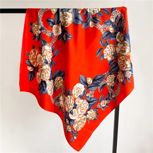 Elegant red square silk scarf with realistic rose flowers and chain patterns
