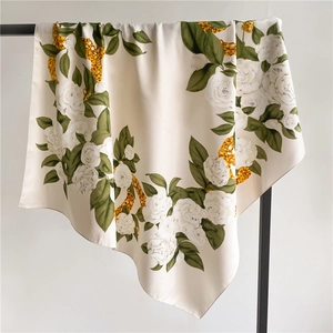 Elegant 90cm square silk scarf with white camellia flowers and golden chain motifs
