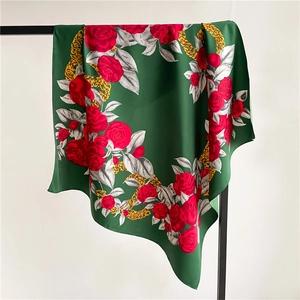Elegant 90cm square silk scarf with red rose and gold chain pattern on dark green base