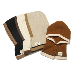 Detail of knitted balaclava neck warmer with retro buttons and contrast trim