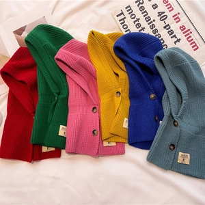 Winter knitted hooded scarf with buttons in multiple colors for cold weather warmth