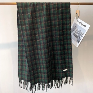 Close-up of green and black plaid scarf texture with soft fringe and white woven label