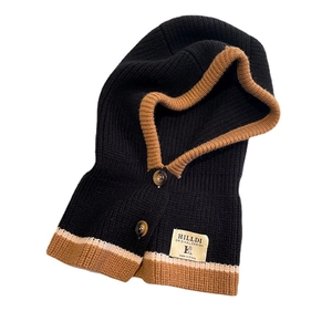Winter knitted hooded scarf in black and brown with button closure for warm head protection