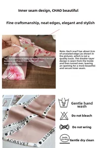 Detail view of double-layered houndstooth silk scarf stitching and washing instructions