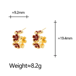 Detailed view of red floral C-shaped earrings with gold plating and dimensions