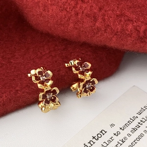 Red Enamel Flower Stud Earrings Gold Plated Copper Zircon Vintage Floral Jewelry Elegant For Women