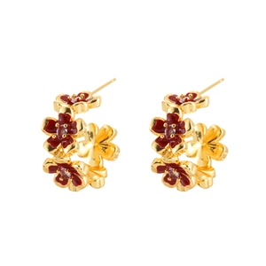 Elegant gold-plated C-shaped earrings with red enamel flowers and sparkling zircon centers