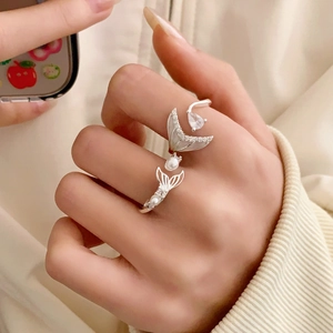 Anello Regolabile Coda Di Sirena Colore Argento Perla Artificial Zirconia Elegante Gioiello Oceano Conchiglia Per Donna