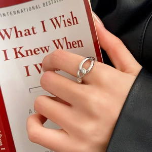 Minimalist silver double loop chain ring with sleek polished finish on model's finger