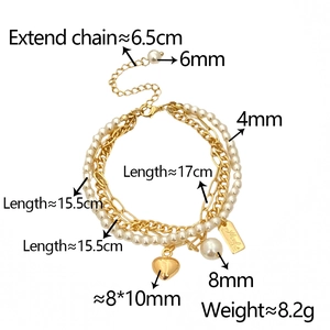 Detailed technical diagram showing dimensions of pearl heart multilayer bracelet