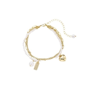 Gold layered heart bracelet with white pearls and a handmade engraved tag