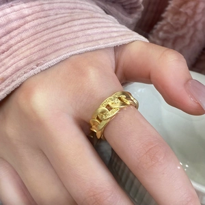 Gold-plated adjustable Cuban link chain ring with Greca engraving for women
