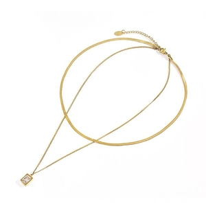 Double-layered gold necklace with square zircon pendant and elegant snake chain