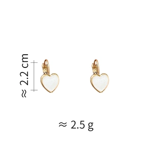 Detail shot of heart-shaped earrings with white enamel and 2.2cm height specifications