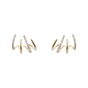Minimalist four-claw gold-plated curved stud earrings with micro-set zircon in symmetric view