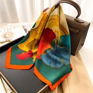 Ginkgo Leaf Print Square Scarf Faux Satin Colorful Elegant Headscarf Hair Band Bag Wrap Accessories For Women