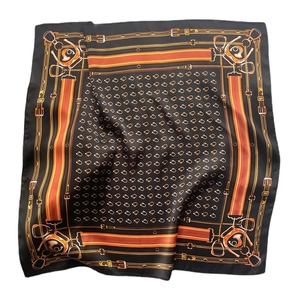 Classic black silk square scarf with orange equestrian chain and leather buckle patterns
