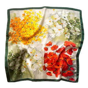 Elegant floral square silk scarf with cream base and green borders for spring summer
