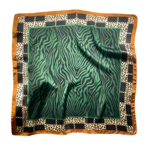 Fashion leopard and chain print silk scarf with green zebra pattern and golden borders