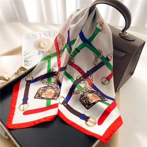 Square Scarf Women Faux Satin Satin Elegant Chain Belt Print Fashion Head Wrap Neck Accessory Vintage Style Smooth