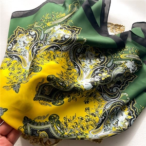 Retro paisley print silk scarf in ginger and green patchwork with classic floral pattern
