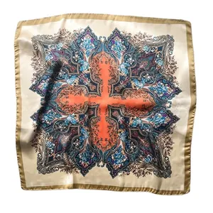 70cm vintage paisley print silk scarf with orange cross design and blue floral accents