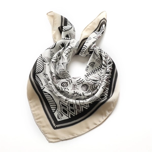 Elegant 70cm square silk scarf with geometric black, white and gold patterns
