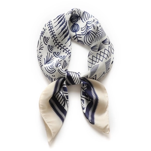 Navy blue geometric print silk scarf in 70cm square wrap with minimalist artistic pattern