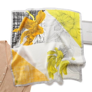 Fashion Floral Print Satin Square Scarf For Women Elegant Geometric Grid Pattern Silk Feeling Headscarf Neck Scarf Shawl