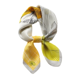 70cm silk-like square scarf with yellow floral sketch patterns and artistic grid design