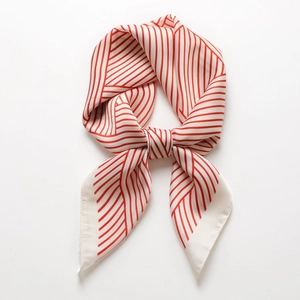 Classic red and white striped silk square scarf with glossy finish on white background