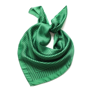 70cm emerald green striped silk-feel square scarf with geometric patterns on white background