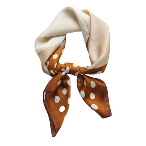Elegant retro polka dot square scarf in caramel brown and beige satin finish