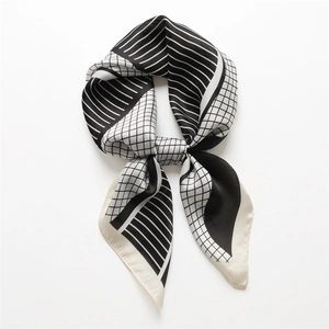 Elegant 70cm geometric silk square scarf with black and white grid and stripe patterns