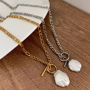 Collier Pendentif Perle De Culture Baroque Acier Inoxydable Bijoux Chaîne Figaro Vintage Avec Fermoir À Bascule OT Pour Femme