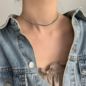 Minimalist silver-tone snake bone choker necklace shown on model for daily styling