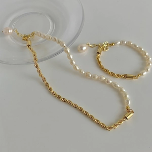 Collier Et Bracelet En Perles D'eau Douce Baroque Bijoux Asymétriques Chaîne De Corde Torsadée Plaqué Or Vintage Élégant Pour Femmes