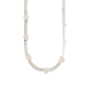 Modern silver snake chain necklace featuring polished solid heart-shaped charms