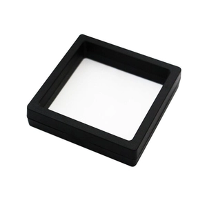 3D floating jewelry display box with black square frame and clear PE film in 45-degree view